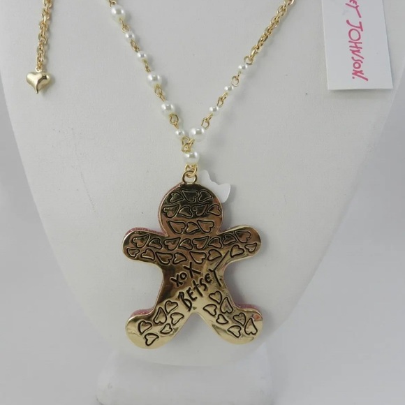 BETSEY JOHNSON Holiday Glitter Gingerbread Girl Pendant Long Necklace Pink NWT - Picture 2 of 5